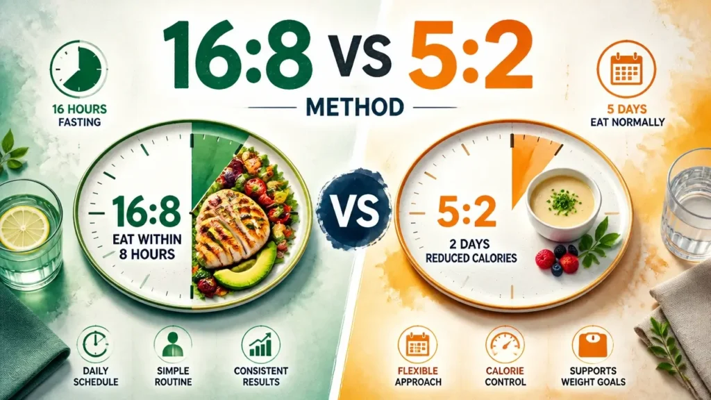 A professional 3D watercolor-style infographic comparing the 16:8 and 5:2 intermittent fasting methods.
