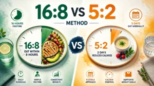 A professional 3D watercolor-style infographic comparing the 16:8 and 5:2 intermittent fasting methods.