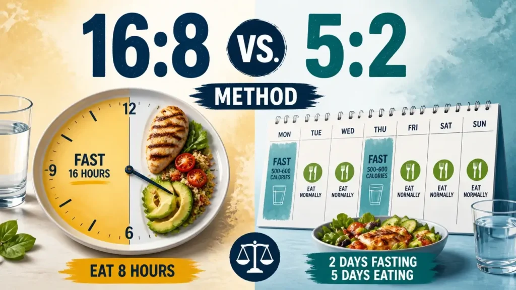 A stylized 3D infographic comparison of 16:8 vs 5:2 intermittent fasting dietary patterns.