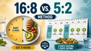 A stylized 3D infographic comparison of 16:8 vs 5:2 intermittent fasting dietary patterns.
