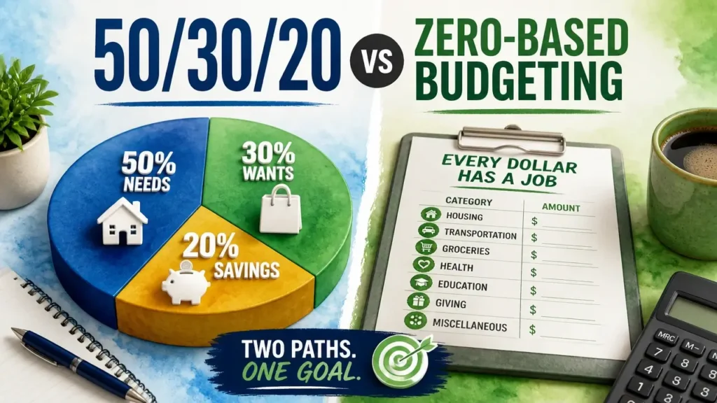 A stylized 3D infographic comparing the 50/30/20 rule and zero-based budgeting for personal finance management.
