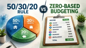A stylized, high-end 3D infographic comparing the 50/30/20 rule and zero-based budgeting for personal finance management.