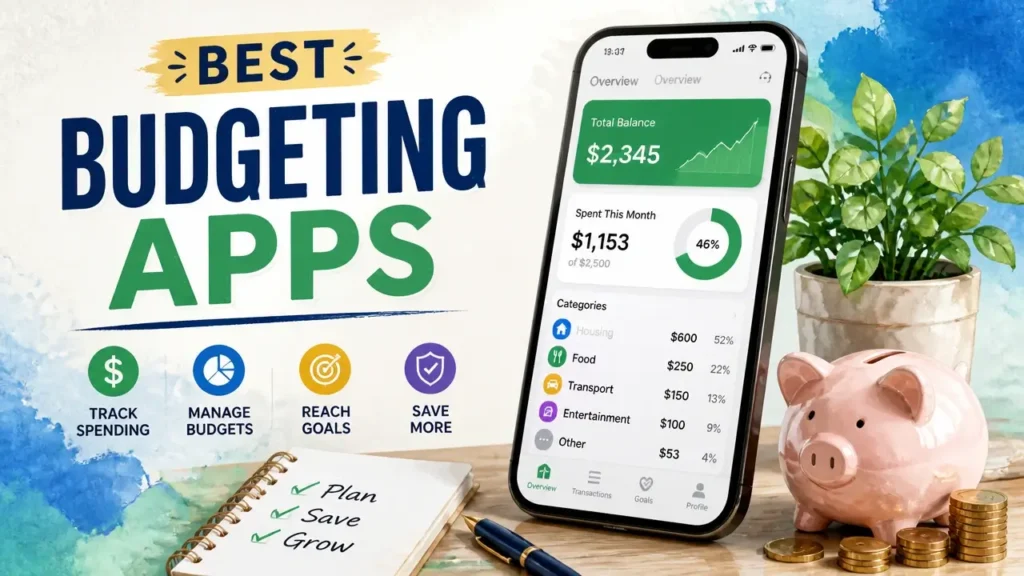A hyper-realistic 3D render with watercolor textures showcasing digital icons of the best budgeting apps on a clean, modern financial dashboard.