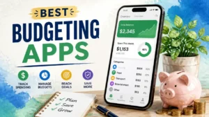 A hyper-realistic 3D render with watercolor textures showcasing digital icons of the best budgeting apps on a clean, modern financial dashboard.