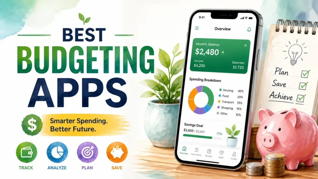A hyper-realistic 3D rendering with watercolor textures displaying a modern infographic layout for the best budgeting apps.