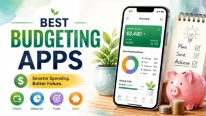 A hyper-realistic 3D rendering with watercolor textures displaying a modern infographic layout for the best budgeting apps.