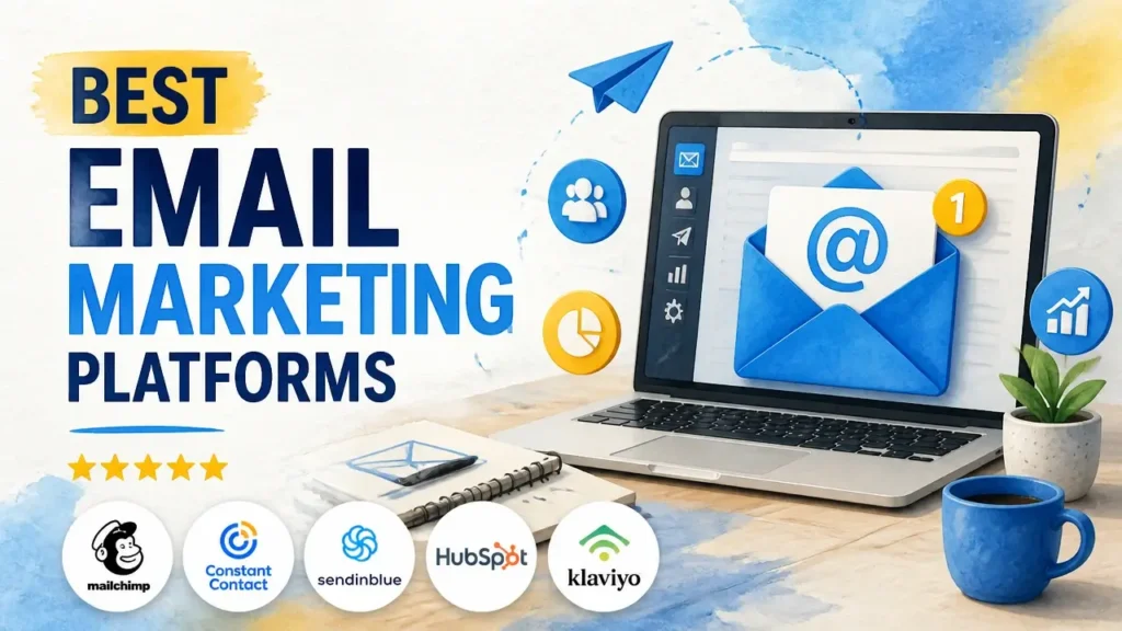 A professional 3D rendered magazine cover comparing the best email marketing platforms with clean typography.