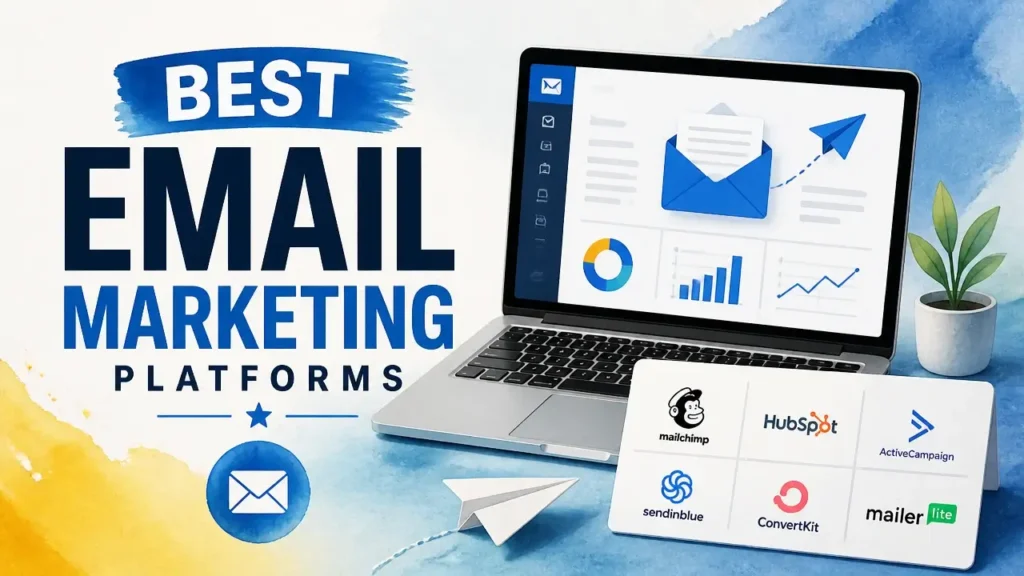 A professional 3D hyper-realistic magazine cover comparing the best email marketing platforms with clean typography.