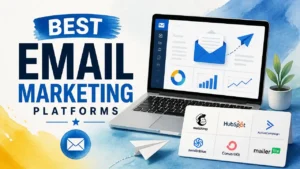 A professional 3D hyper-realistic magazine cover comparing the best email marketing platforms with clean typography.