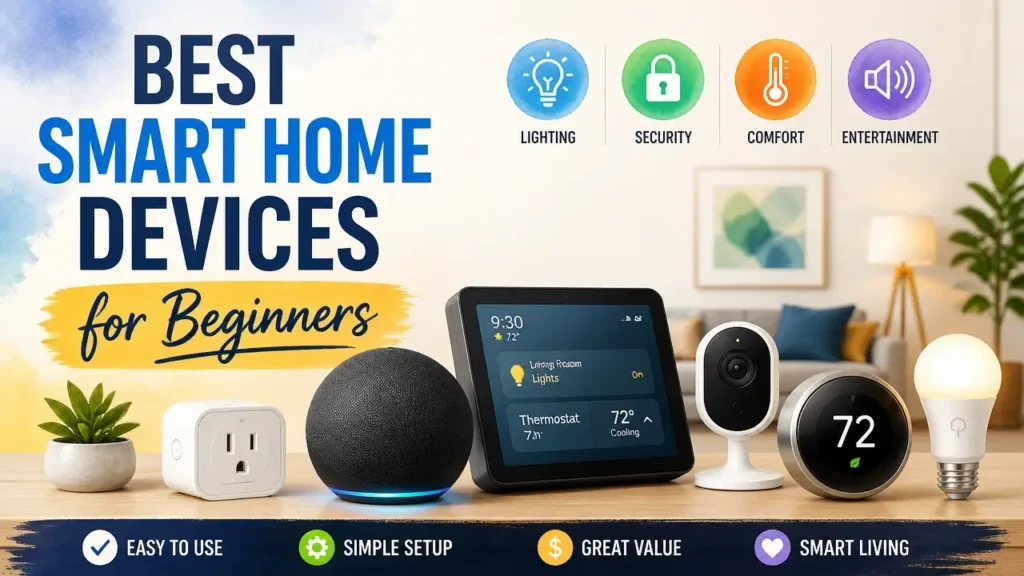 A stylized 3D render of smart home devices featuring a home assistant hub for beginners with a watercolor texture.