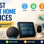A stylized 3D render of smart home devices featuring a home assistant hub for beginners with a watercolor texture.