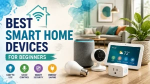 A stylized, hyper-realistic 3D rendering featuring top smart home devices for beginners, organized in a clean, modern infographic layout.