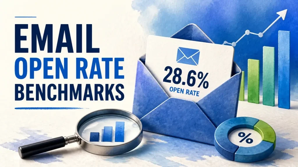 Professional infographic showing email open rate benchmarks with 3D stylized charts