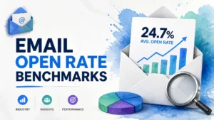 A professional 3D infographic showing email open rate benchmarks with a watercolor texture style