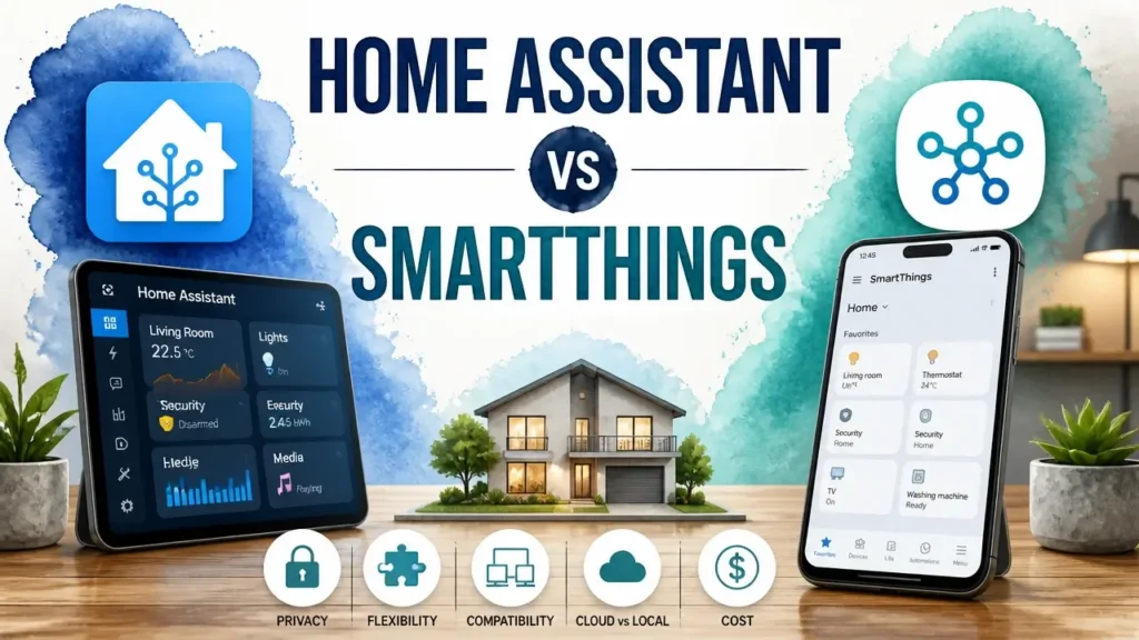 3D rendered illustration comparing Home Assistant and SmartThings home automation platforms