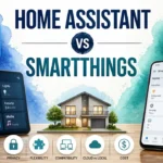 3D rendered illustration comparing Home Assistant and SmartThings home automation platforms