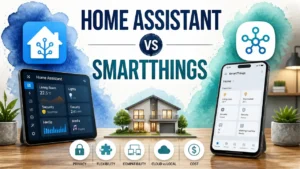 3D rendered illustration comparing Home Assistant and SmartThings home automation platforms