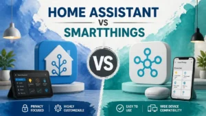 A hyper-realistic 3D rendering comparing Home Assistant and SmartThings home automation platforms.