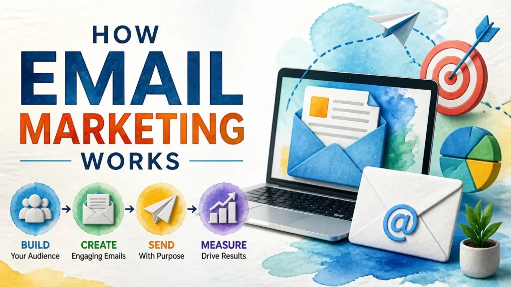 3D render illustration showing how email marketing works with clean typography and professional studio lighting