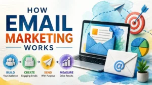 3D render illustration showing how email marketing works with clean typography and professional studio lighting