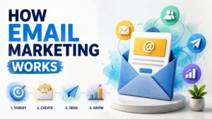 Professional 3D render with watercolor texture explaining how email marketing works using modern infographic elements