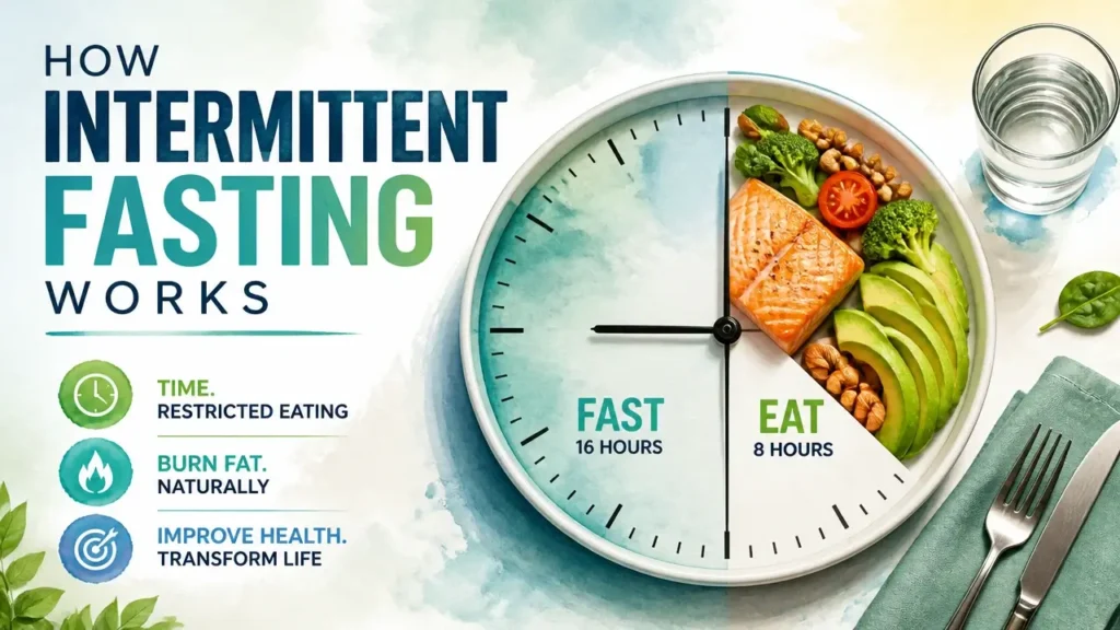 A hyper-realistic 3D rendering with watercolor textures showing an abstract concept of how intermittent fasting works through time-restricted metabolic cycles.