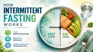 A hyper-realistic 3D rendering with watercolor textures showing an abstract concept of how intermittent fasting works through time-restricted metabolic cycles.
