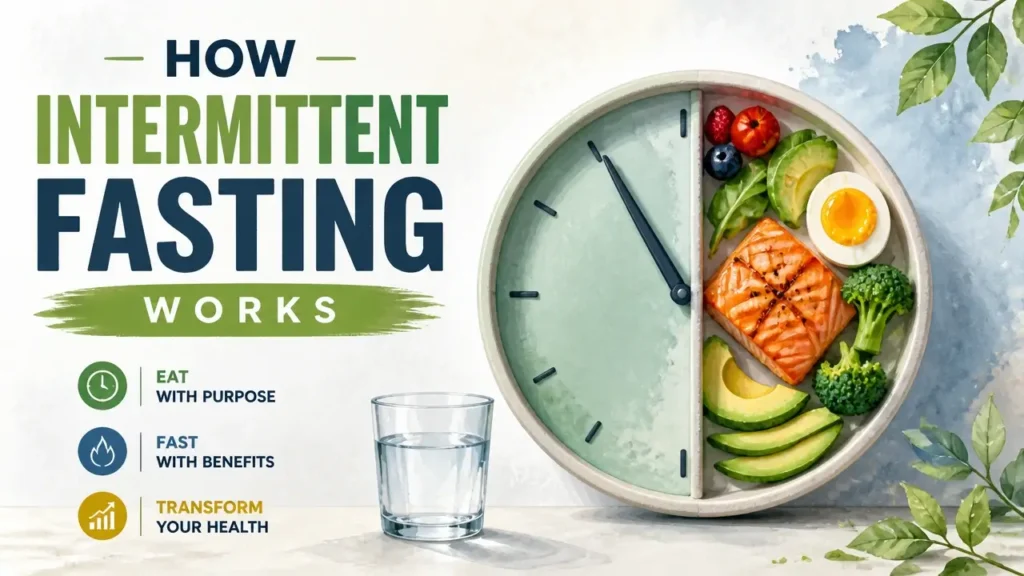 A hyper-realistic 3D rendering with watercolor textures illustrating the concept of how intermittent fasting works through abstract metaphors.