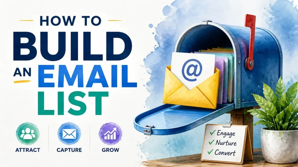 A high-end 3D rendered graphic with watercolor textures showing a growing digital envelope stack representing how to build an email list.