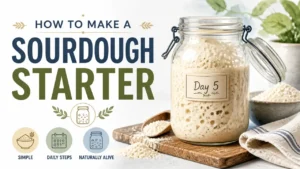 A hyper-realistic 3D rendering of a glass jar with active sourdough starter, featuring a modern watercolor infographic style.
