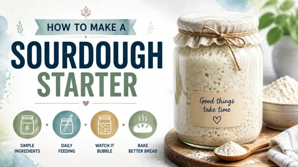 A hyper-realistic 3D rendering with watercolor textures showing a bubbling sourdough starter in a glass jar.