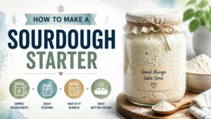 A hyper-realistic 3D rendering with watercolor textures showing a bubbling sourdough starter in a glass jar.