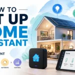A modern 3D rendered infographic showing the process of how to set up Home Assistant in a smart home environment.