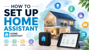 A modern 3D rendered infographic showing the process of how to set up Home Assistant in a smart home environment.