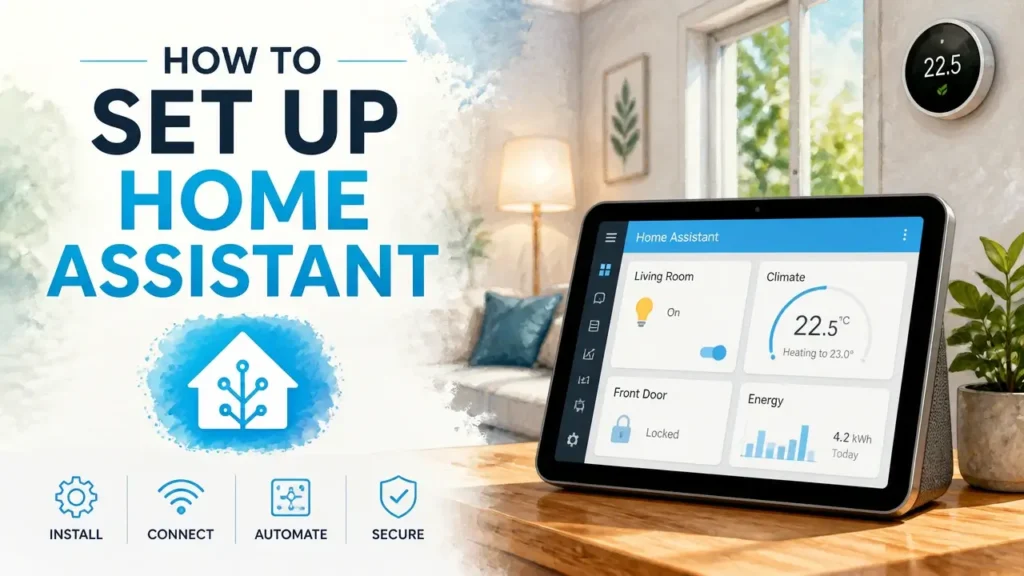 A stylized 3D infographic showing a modern smart home interface, representing how to set up Home Assistant.