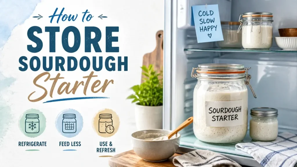 A professional 3D rendered illustration showing how to store sourdough starter in a glass jar with watercolor textures.