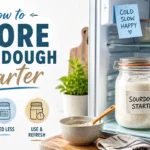 A professional 3D rendered illustration showing how to store sourdough starter in a glass jar with watercolor textures.