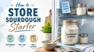 A professional 3D rendered illustration showing how to store sourdough starter in a glass jar with watercolor textures.