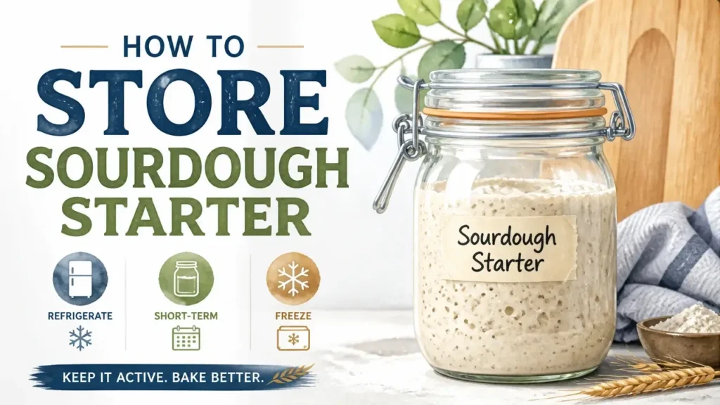 A professional 3D render of a glass jar with sourdough starter, styled as a modern infographic on how to store sourdough starter.