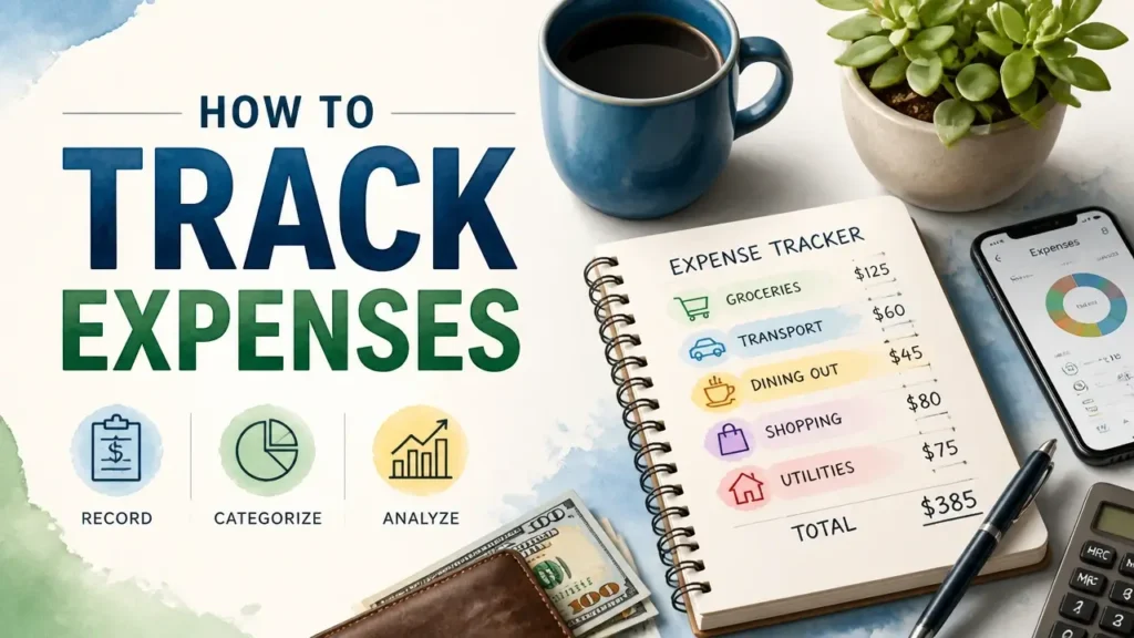 A stylized, hyper-realistic 3D rendering of financial tracking tools with a watercolor texture, representing a guide on how to track expenses.