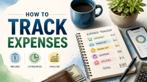 A stylized, hyper-realistic 3D rendering of financial tracking tools with a watercolor texture, representing a guide on how to track expenses.
