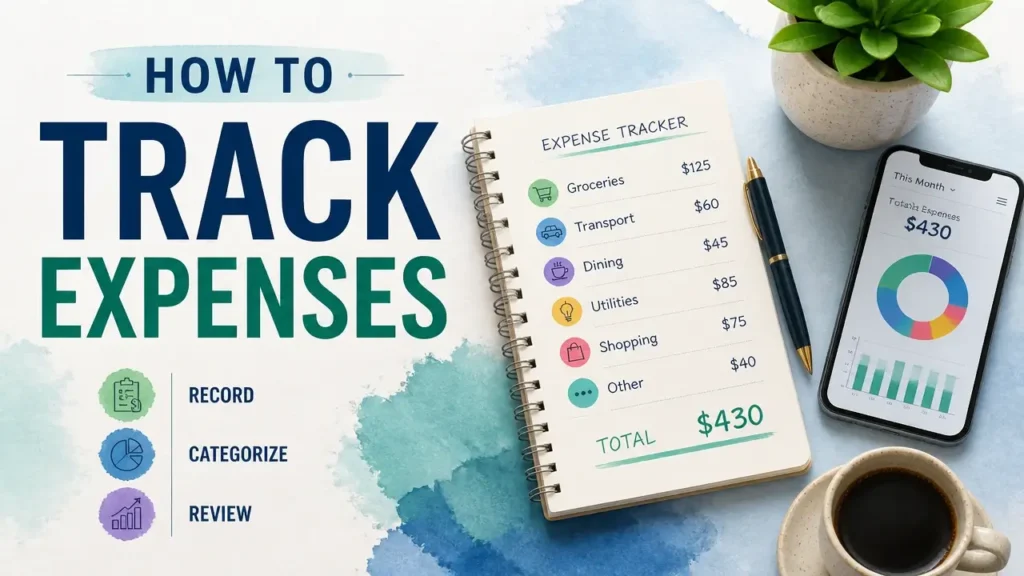 A stylized 3D infographic illustration for a guide on how to track expenses, featuring clean typography and financial growth symbols.