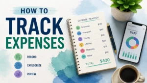 A stylized 3D infographic illustration for a guide on how to track expenses, featuring clean typography and financial growth symbols.