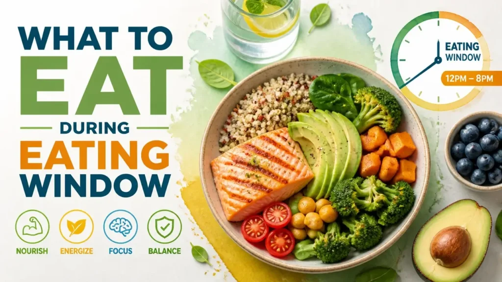 A stylized 3D infographic showing healthy food choices for an intermittent fasting eating window to improve food quality.