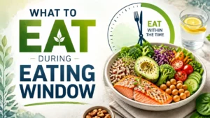 A stylized 3D watercolor-style infographic showing healthy balanced food options for intermittent fasting eating window nutrition.