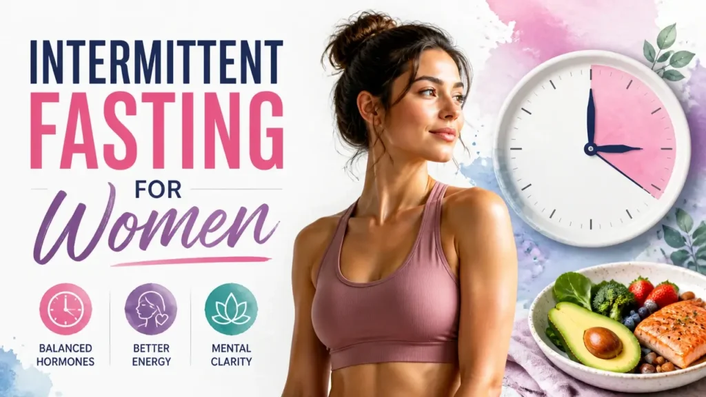 A stylized, professional 3D infographic showing the balance of female hormones during intermittent fasting.