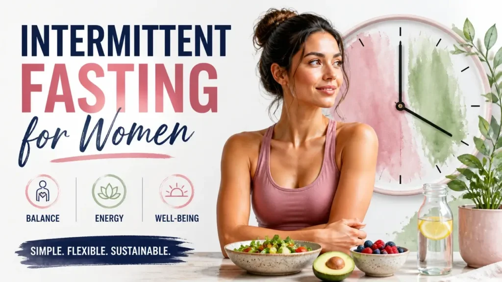 Professional 3D illustration of a woman balancing health and hormones with intermittent fasting