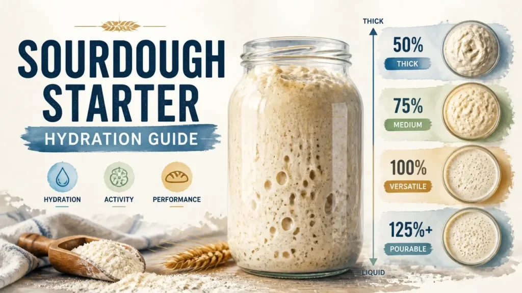 A professional 3D rendered infographic showing sourdough starter hydration levels with artistic watercolor textures.