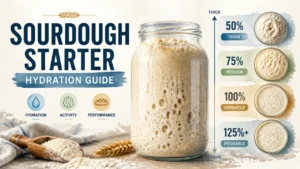 A professional 3D rendered infographic showing sourdough starter hydration levels with artistic watercolor textures.