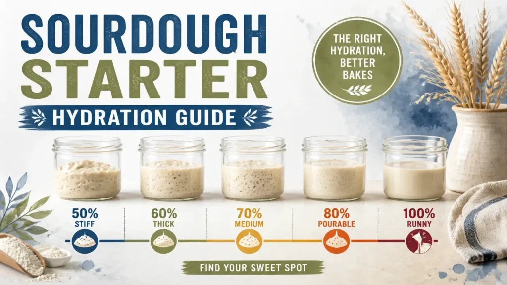 A professional 3D rendered infographic showing sourdough starter hydration ratios in a watercolor style.